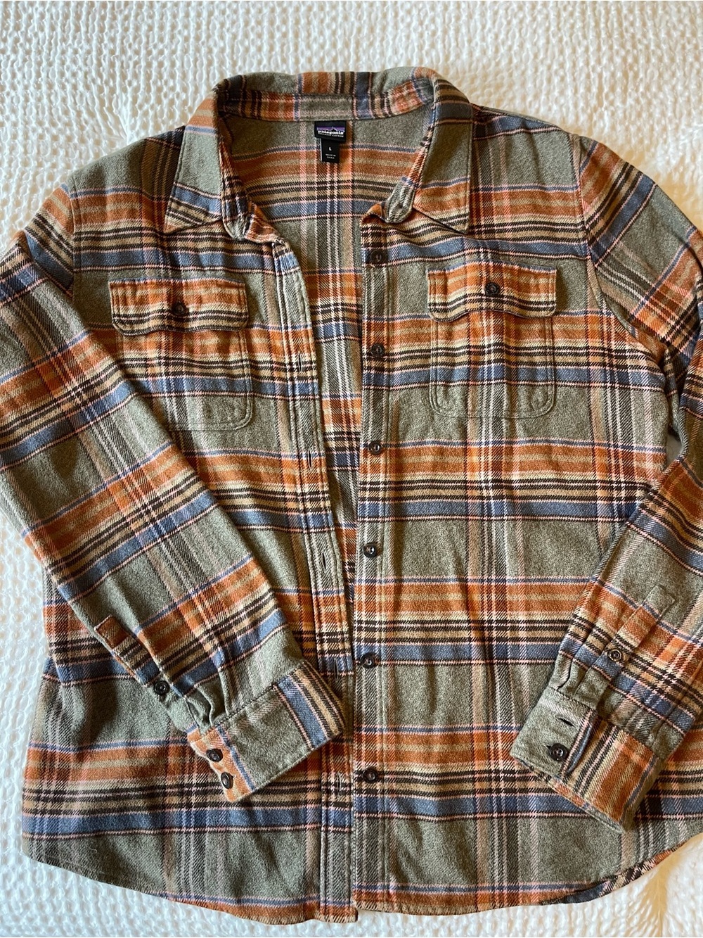 Patagonia Olive, Orange & Blue Plaid Flannel Shirt Jacket